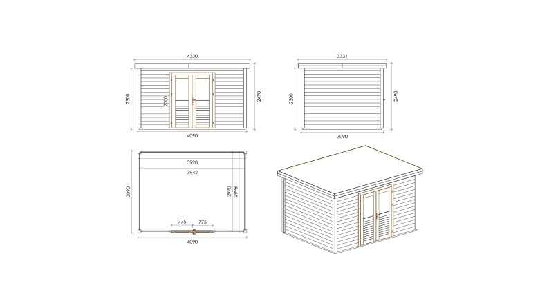 Gartenhaus, Gerätehaus Freya 4.09x3.09m - 12.64m2 - 28mm - Imprägniert