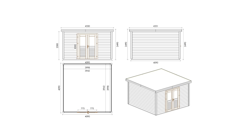 Gartenhaus, Gerätehaus Freya 4.09x4.09m - 16.73m2 - 28mm - Imprägniert
