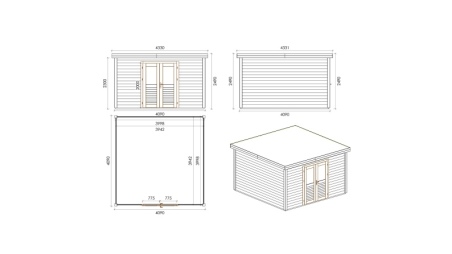 Gartenhaus, Gerätehaus Freya 4.09x4.09m - 16.73m2 - 28mm - Imprägniert