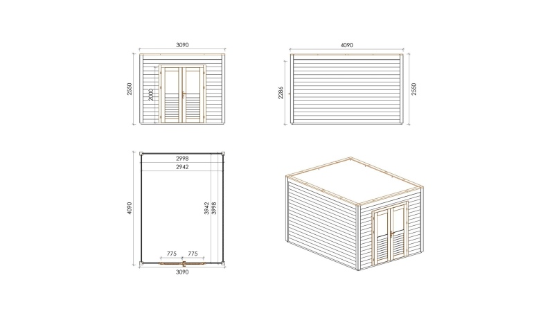 Gartenhaus, Gerätehaus Sora 3.09x4.09m - 12.64m2 - 28mm - Imprägniert