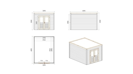 Gartenhaus, Gerätehaus Sora 3.09x4.09m - 12.64m2 - 28mm - Imprägniert