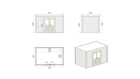 Gartenhaus, Gerätehaus Nova 4.09x2.59m - 10.59m2 - 28mm - Imprägniert