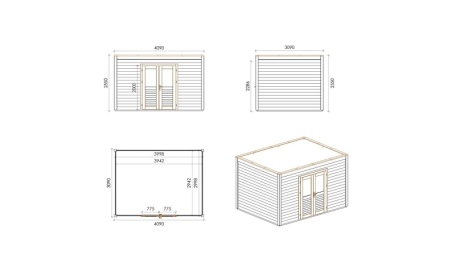 Gartenhaus, Gerätehaus Nova 4.09x3.09m - 12.64m2 - 28mm - Imprägniert