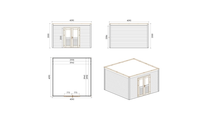 Gartenhaus, Gerätehaus Nova 4.09x4.09m - 16.73m2 - 28mm - Imprägniert