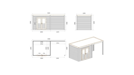 Gartenhaus, Gerätehaus Sora 5.56x2.59m - 14.4m2 - 28mm - Imprägniert