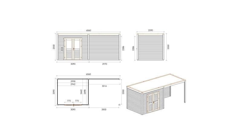 Gartenhaus, Gerätehaus Sora 6.06x2.59m - 15.7m2 - 28mm - Imprägniert
