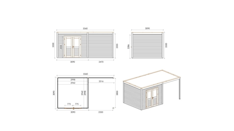 Gartenhaus, Gerätehaus Sora 5.56x3.09m - 17.18m2 - 28mm - Imprägniert