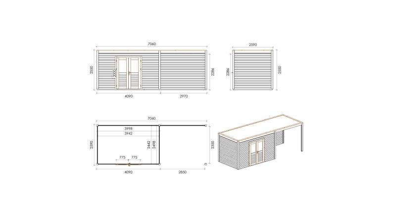 Gartenhaus, Gerätehaus Nova 7.06x2.59m - 18.29m2 - 28mm - Imprägniert