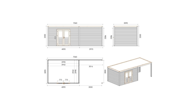Gartenhaus, Gerätehaus Nova 7.06x3.09m - 21.82m2 - 28mm - Imprägniert