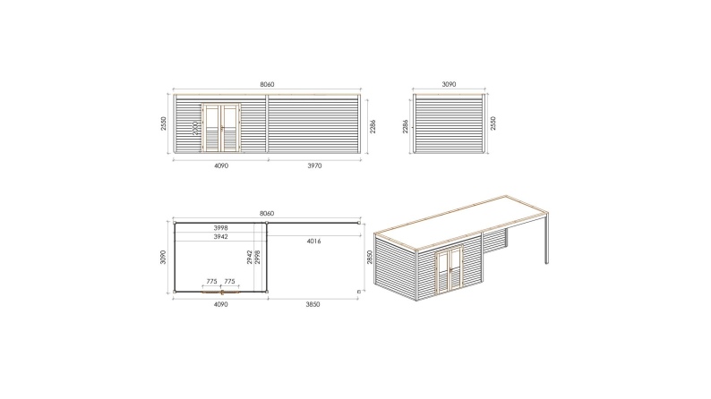 Gartenhaus, Gerätehaus Nova 8.06x3.09m - 24.91m2 - 28mm - Imprägniert