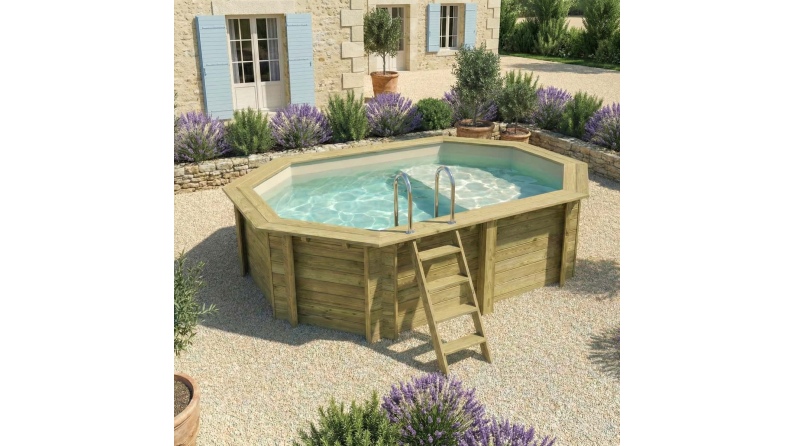 Pool NEMO 4.3 x 3 - H.1.18 m mit Liegefläche, sandfarben, mit am Beton verschraubten Stahlprofilen