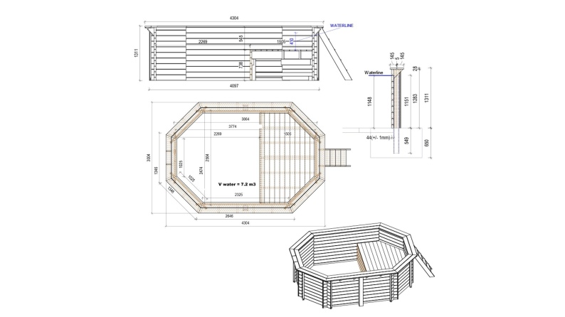 Pool NEMO 4.3 x 3 - H.1.31 m mit Liegefläche, hellblau, mit Stahlprofilen zum Einbetonieren