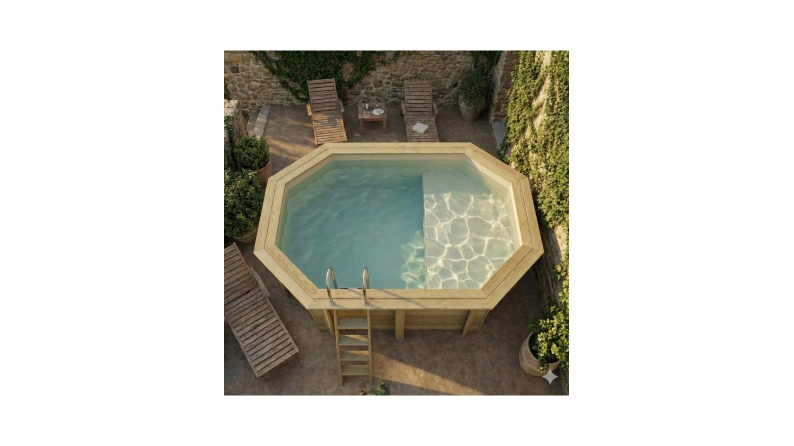 Pool NEMO 4.3 x 3 - H.1.31 m mit Liegefläche, sandfarben, mit am Beton verschraubten Stahlprofilen