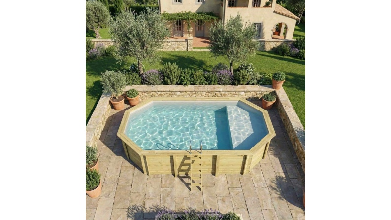 Pool NEMO 7.3 x 3.97 - H.1.45 m mit Liegefläche, grau, mit am Beton verschraubten Stahlprofilen