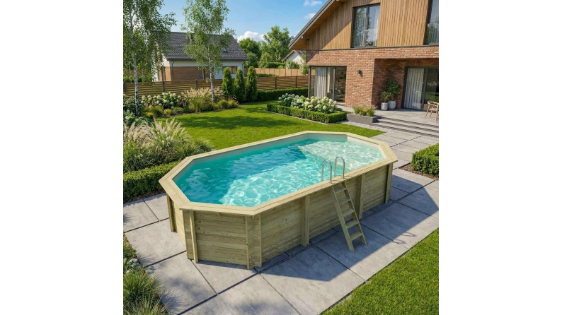 Pool NEMO 7.3 x 3.97 - H.1.45 m mit Liegefläche, sandfarben, mit am Beton verschraubten Stahlprofilen