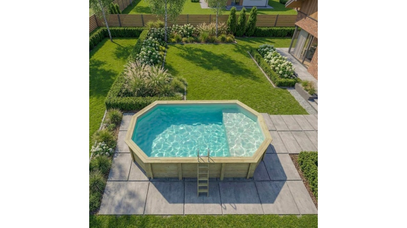 Pool NEMO 7.3 x 3.97 - H.1.45 m mit Liegefläche, sandfarben, auf Rahmen - ohne Betonieren