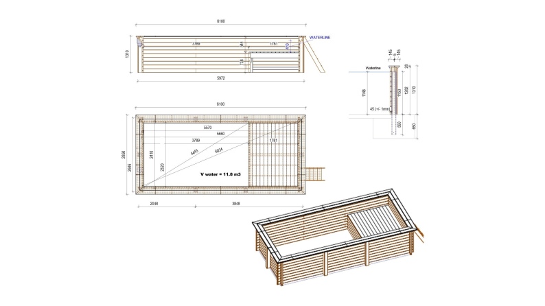 Pool AQUA 6.1 x 2.85 - H.1.31 m mit Liegefläche, sandfarben, mit Stahlprofilen zum Einbetonieren