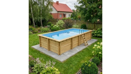 Pool AQUA 7 x 3.75 - H.1.45 m mit Liegefläche, hellblau, mit Stahlprofilen zum Einbetonieren