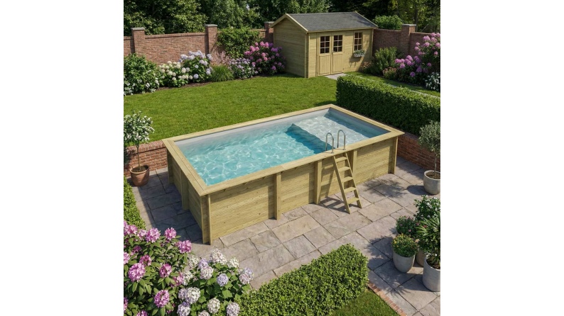 Pool AQUA 7 x 3.75 - H.1.45 m mit Liegefläche, grau, auf Rahmen - ohne Betonieren