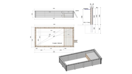 Pool AQUA 8.5 x 4.35 - H.1.45 m mit Liegefläche, grau, mit Stahlprofilen zum Einbetonieren